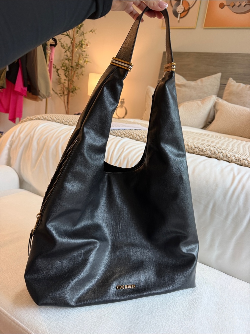 Steve Madden Black Leather Shoulder Hobo with Gold Hardware